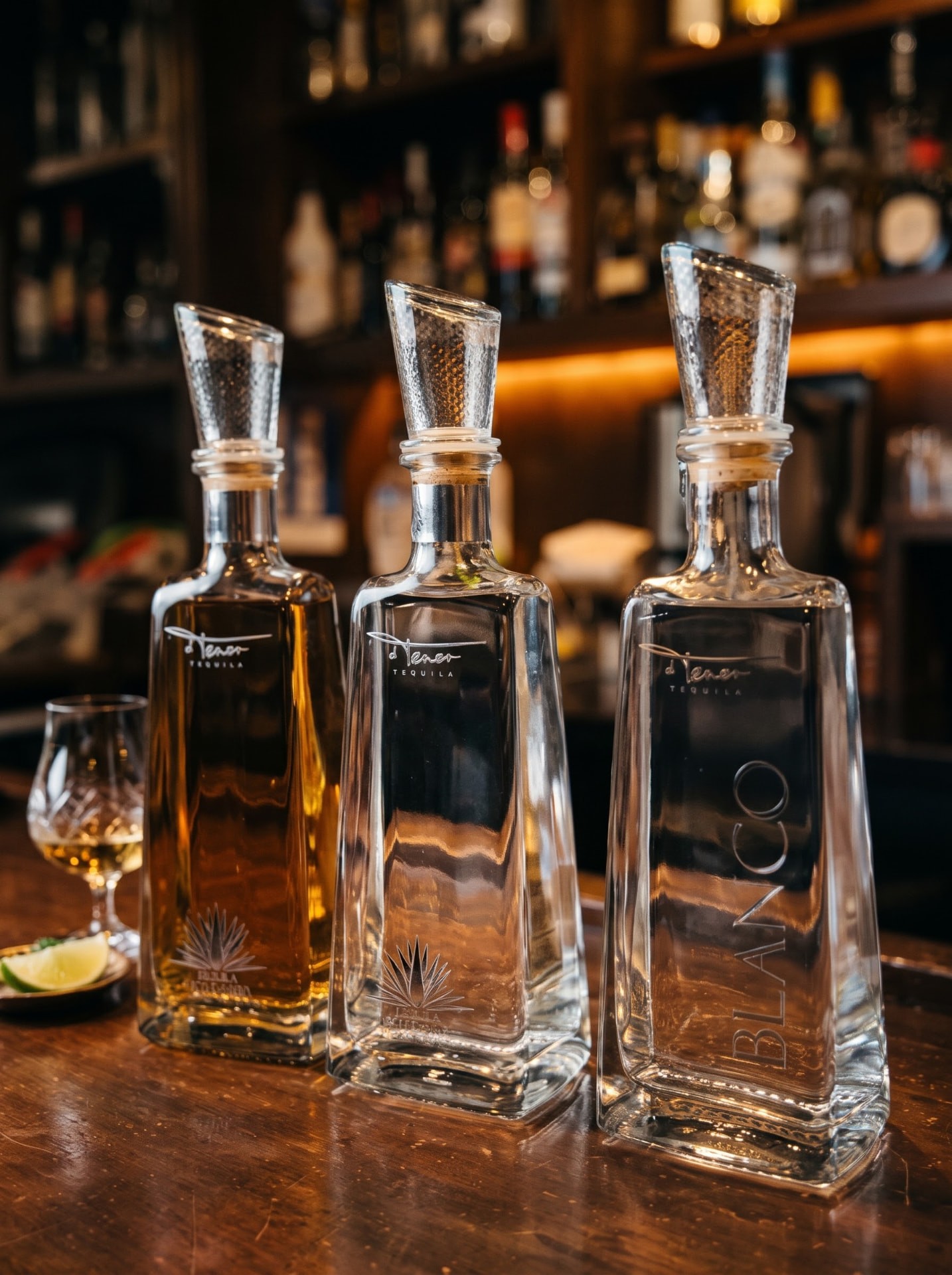 Three El Tenor tequila bottles on a warmly lit bar