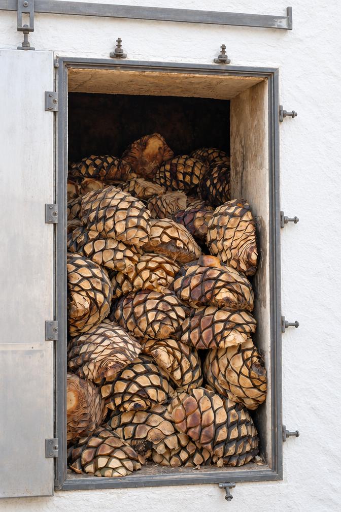 Cooked agave piñas inside an open traditional masonry horno